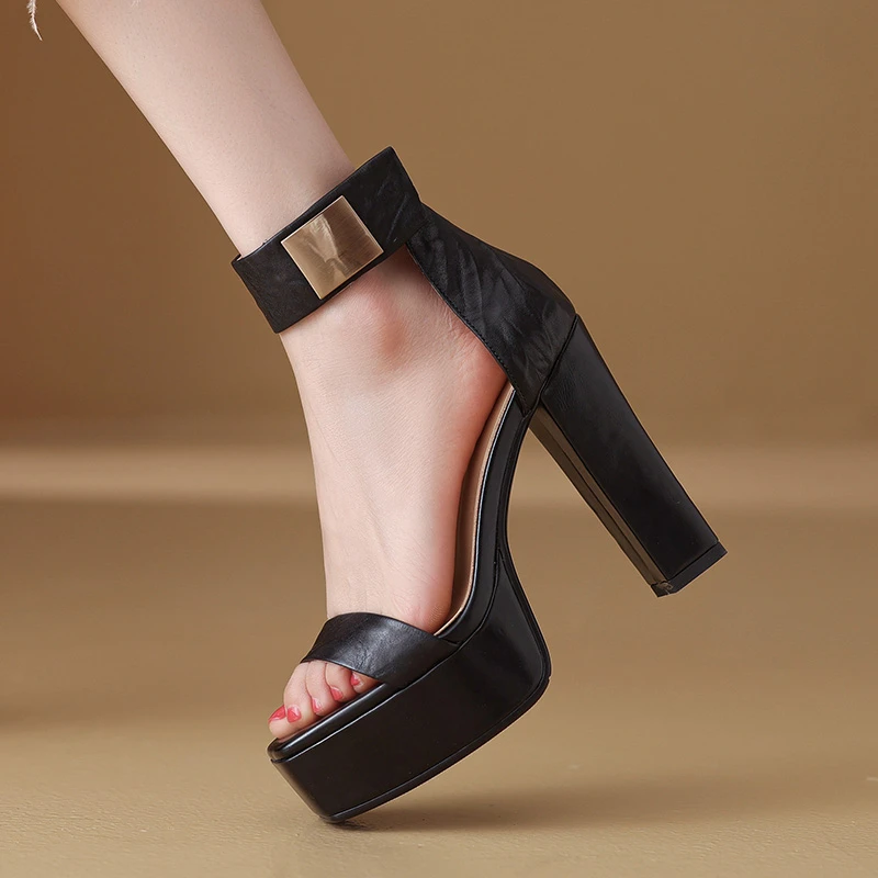 12cm小个子超高跟走秀鞋时装一字带凉鞋女时尚百搭真皮粗跟厚底鞋