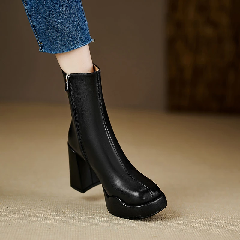 小个子厚底马丁靴女秋冬短筒单靴10cm粗跟防水台高跟短靴冬季加绒