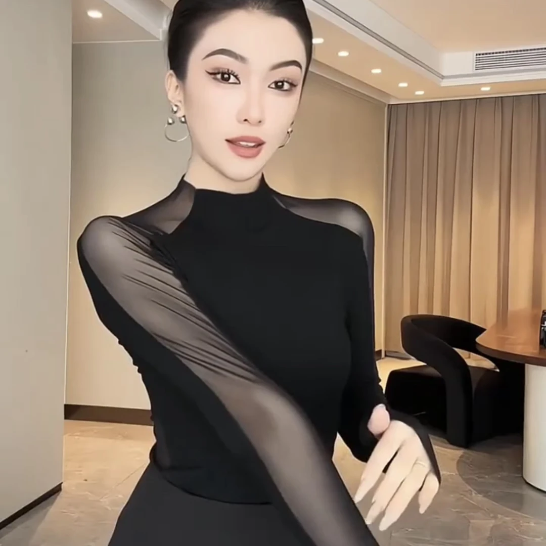 半高领网纱拼接黑色上衣女秋季蕾丝小衫设计感小众紧身长袖t恤