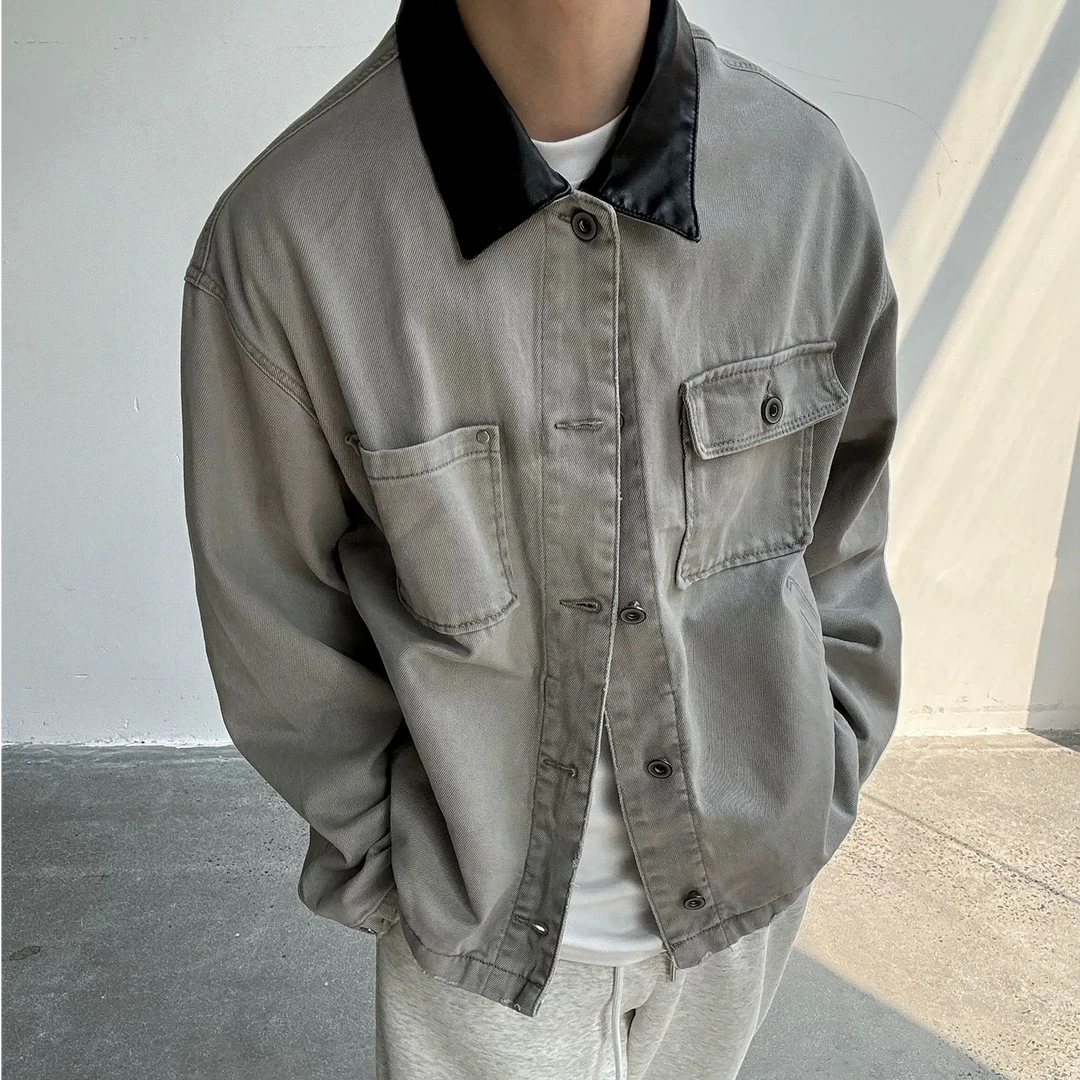 2024春秋新款撞色翻领拼接牛仔夹克磨破设计感灰色复古休闲外套潮