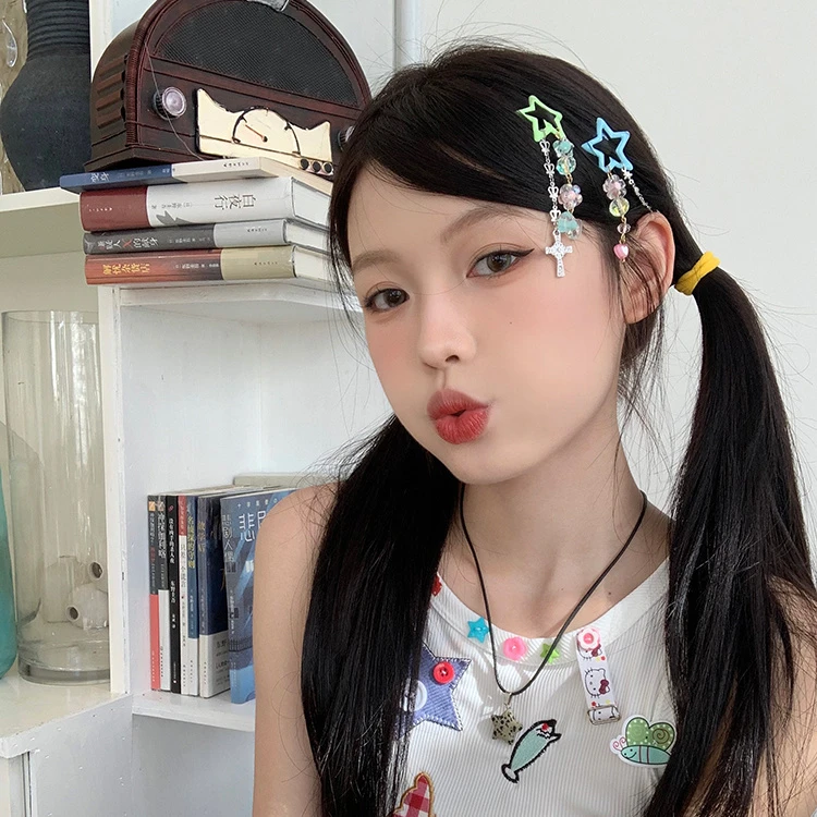 多巴胺彩色星星串珠流苏发夹y2k甜酷少女五角星小夹子发卡碎发夹