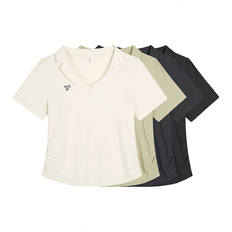 【如奕大码女装】正肩显瘦V领t恤女收腰缩褶短袖刺绣上衣62876