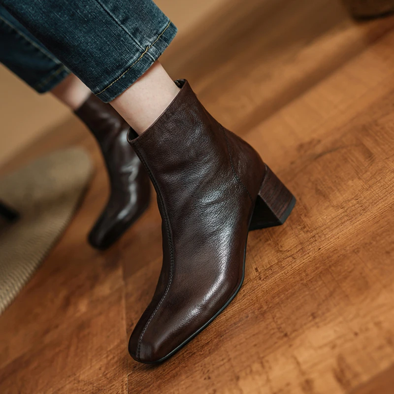 法式方头小短靴女复古头层牛皮美拉德瘦瘦靴百搭粗跟英伦风马丁靴