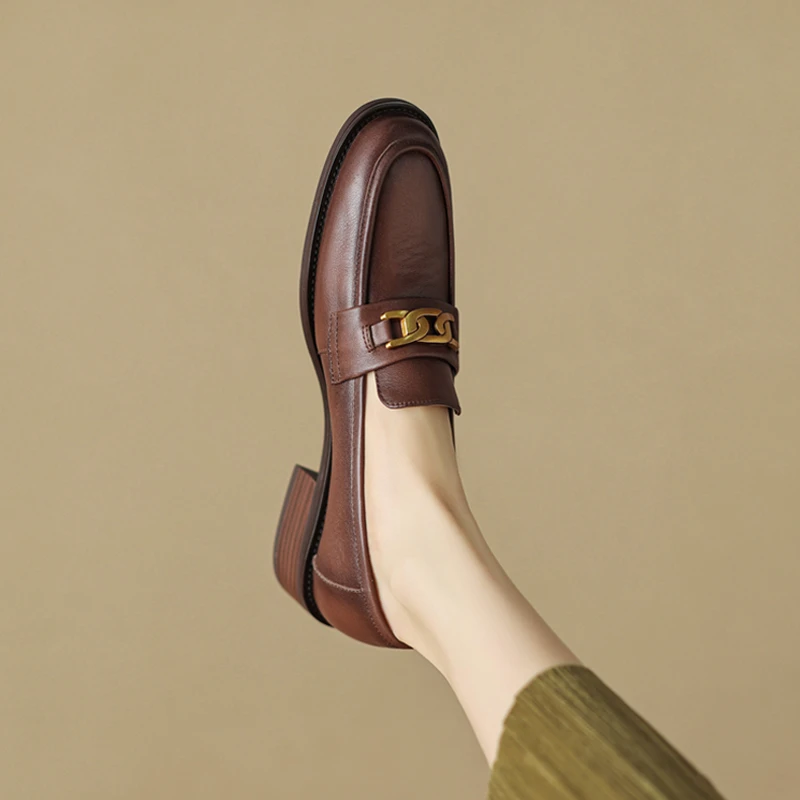 真牛皮乐福鞋女复古擦色中跟单鞋百搭英伦风软底上班族四季小皮鞋