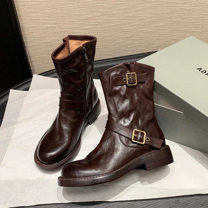 高端羊皮圆头短靴女复古美拉德机车靴洋气西部靴百搭英伦风马丁靴