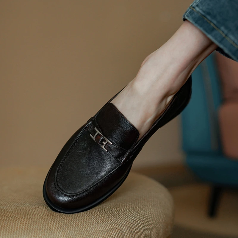 英伦风一脚蹬乐福鞋女复古头层牛皮小皮鞋百搭软底平底上班族单鞋