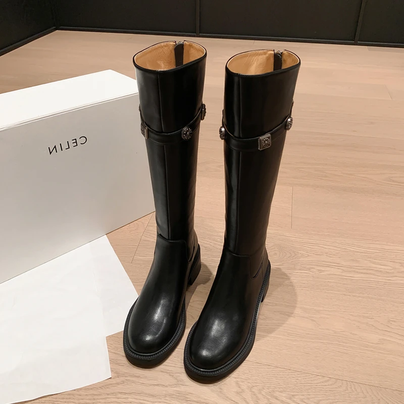 真皮靴子女长筒靴2025年秋冬新款小个子高筒靴百搭圆头中跟骑士靴