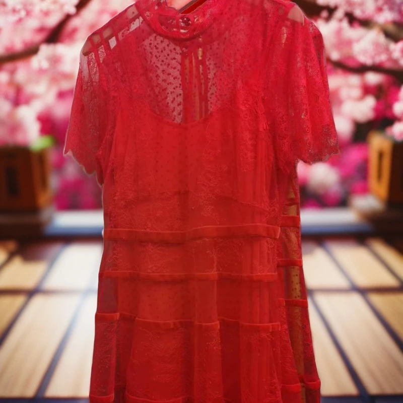 红色蕾丝时尚高品质女装连衣裙