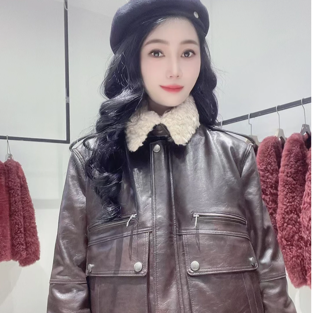 美尚【66468】季新款-羊毛领复古机车服真皮皮衣短款款外套