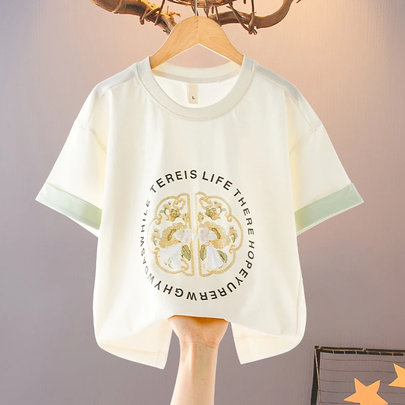 中国风国潮印花T恤女童夏季薄款透气短袖衫洋气体恤时尚圆领18970