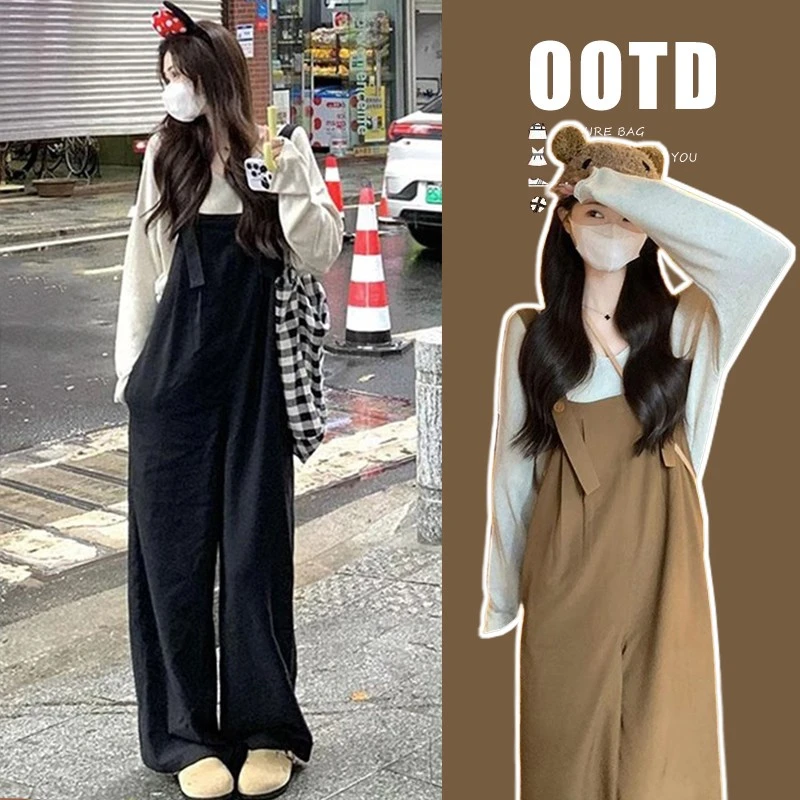 高级感轻熟风港味孕妇套装法式茶歇孕妇上衣打底衫背带裤两件套潮