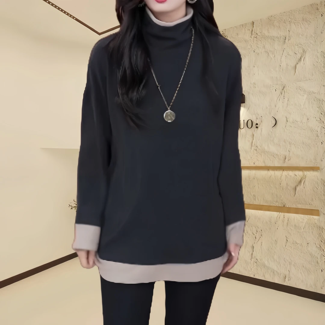 2025春季新款假两件慵懒风设计半高领打底上衣百搭宽松时尚T恤衫