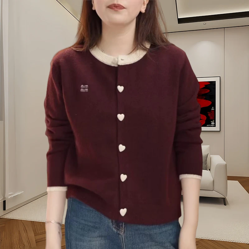 拼接圆领长袖针织开衫2024秋季新款宽松休闲时尚百搭T恤气质上衣