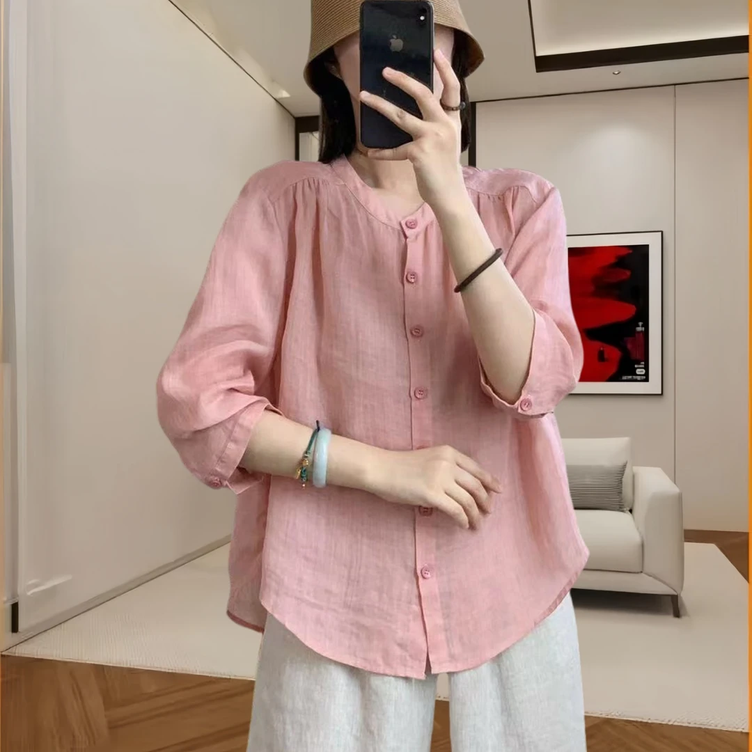 2025夏季新款文艺复古百搭纯色薄款七分袖上衣宽松大码休闲衬衫女