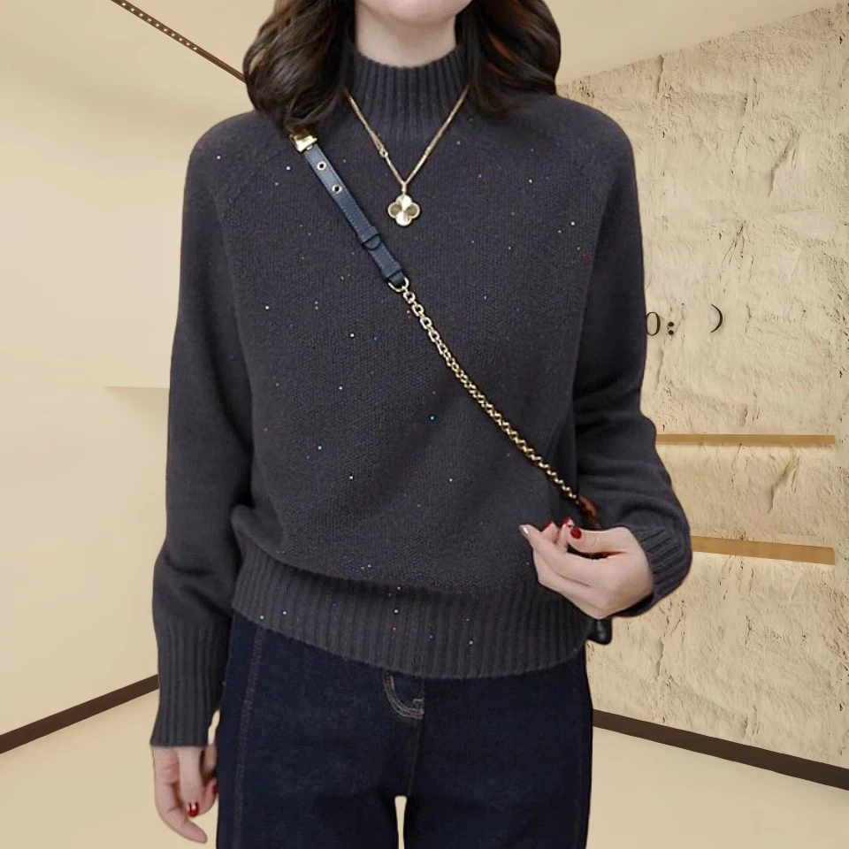 秋冬新款保暖打底衫半高领纯色毛衣针织衫女套头纯色宽松软糯上衣