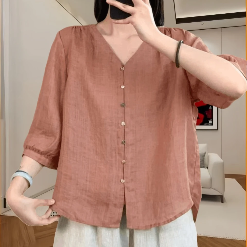 时尚简约宽松小衫品牌女装v领七分袖衬衫大码夏季新款中袖上衣薄