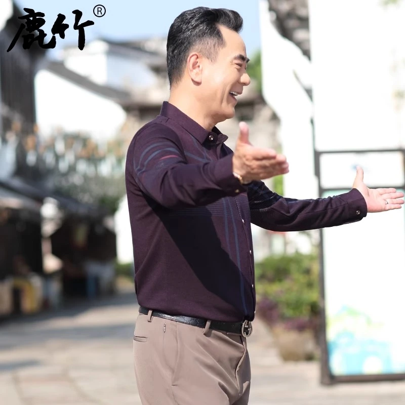 2025秋季新款爸爸装长袖衬衫男中年男士商务休闲薄款衬衣男中老年