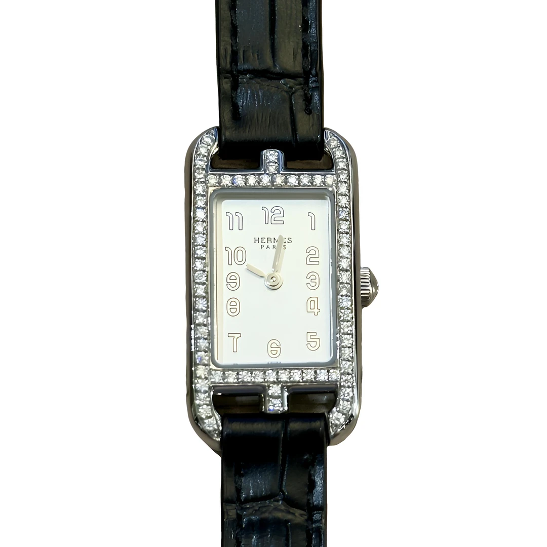 95新 Hermes/爱马仕 猪鼻子皮带款银针外圈后镶钻石英17*23盘tw