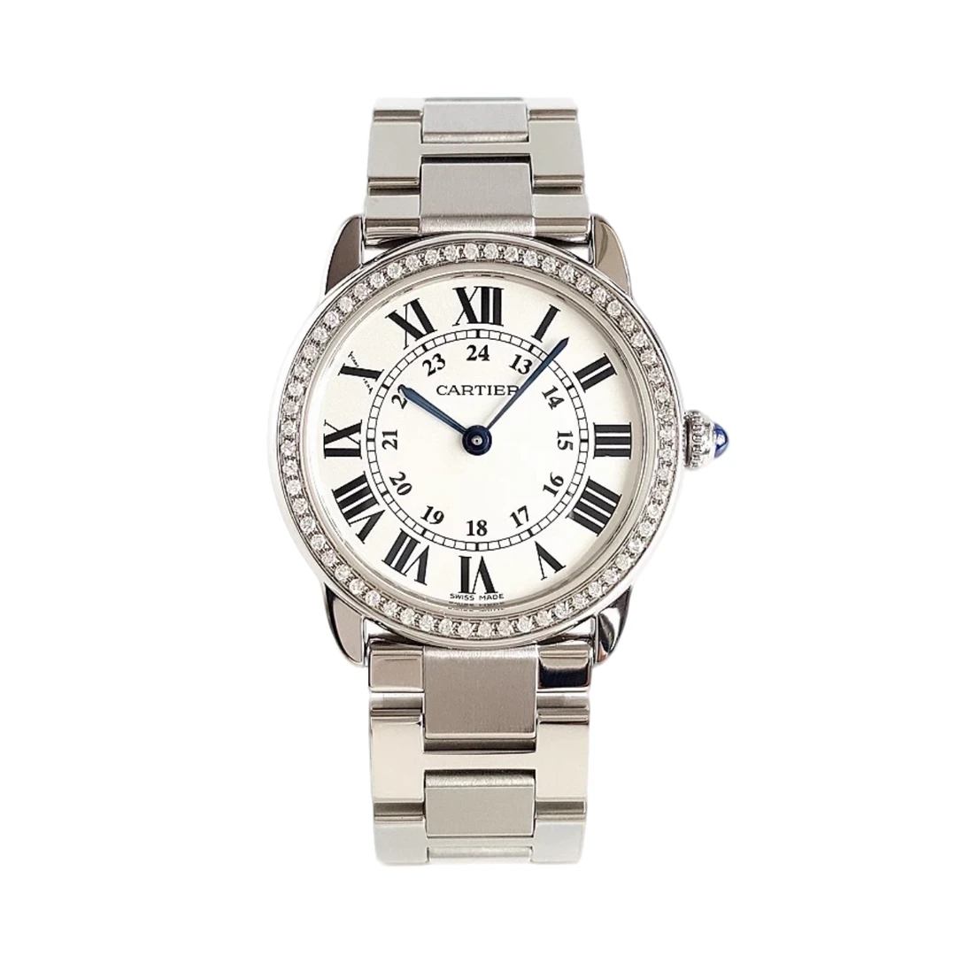 99新 Cartier/卡地亚 银伦敦钢带原盘后钻石英bz