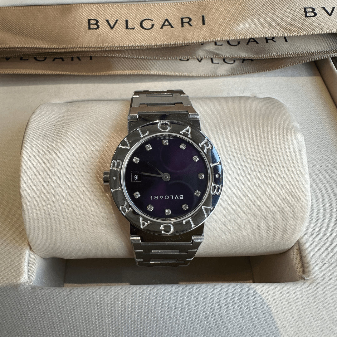 95新 BVLGARI/宝格丽 两针黑紫盘钻刻日历窗中古女表26盘15腕周pt