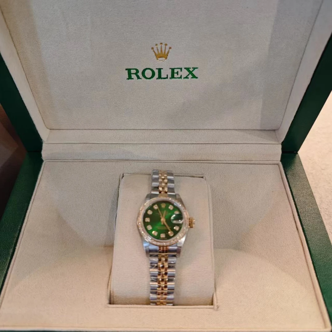 95新 Rolex/劳力士 女装日志间金三针绿盘优雅中古女表26盘17腕周