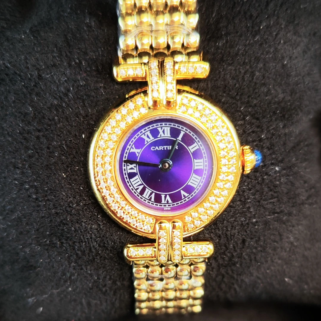 95新 Cartier/卡地亚 小旋风罗马刻蓝针紫盘中古女表24盘pt