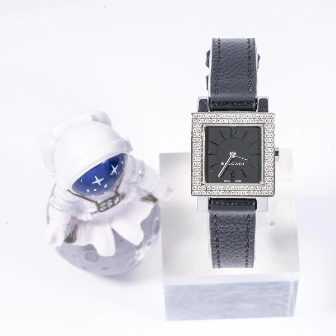95新 BVLGARI/宝格丽 外钻两针小黑方盘优雅中古女表22盘16.5腕周