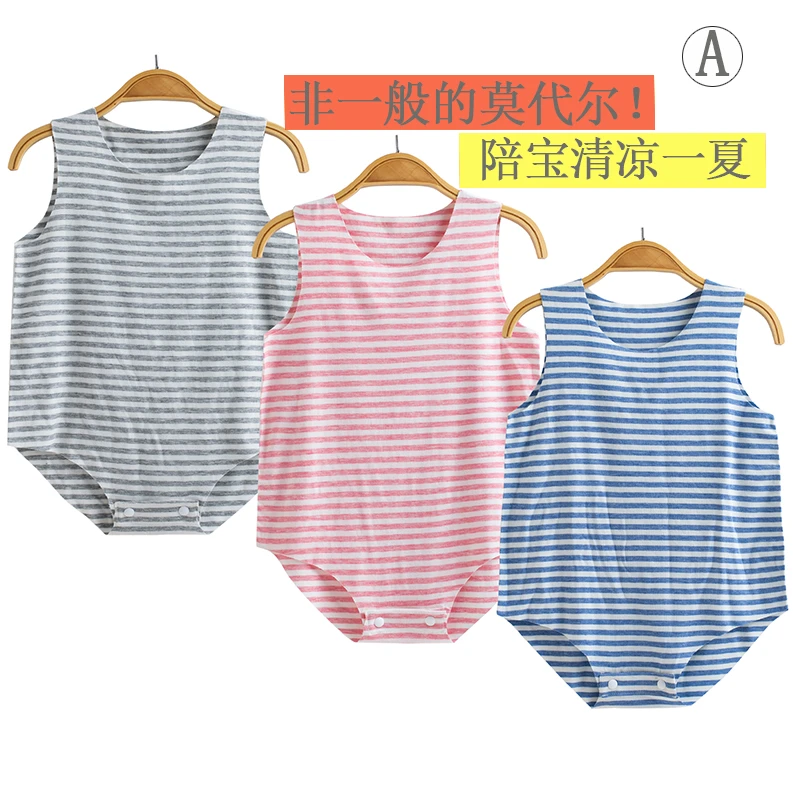 夏季莫代尔罗纹间条包屁衣婴儿洋气条纹连体衣宝宝无袖婴幼儿衣服