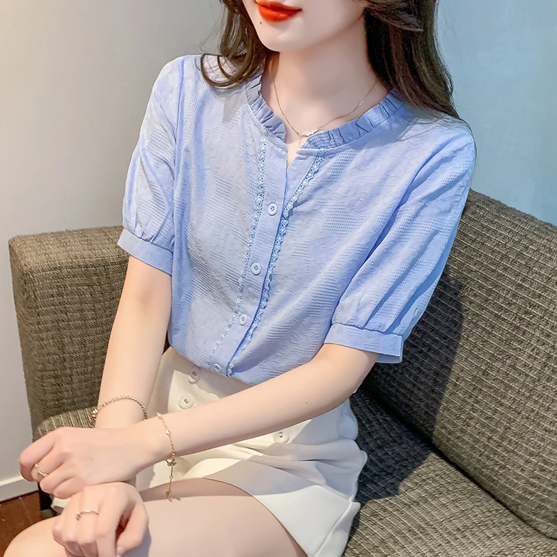 2025年夏季女装新款时尚立领提花棉布衬衫女洋气减龄薄款短袖上衣