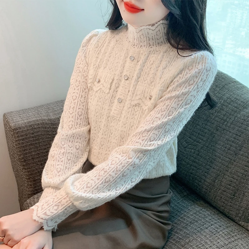 秋冬装新款时尚设计加绒加厚套头蕾丝衬衣女洋气百搭长袖内搭上衣