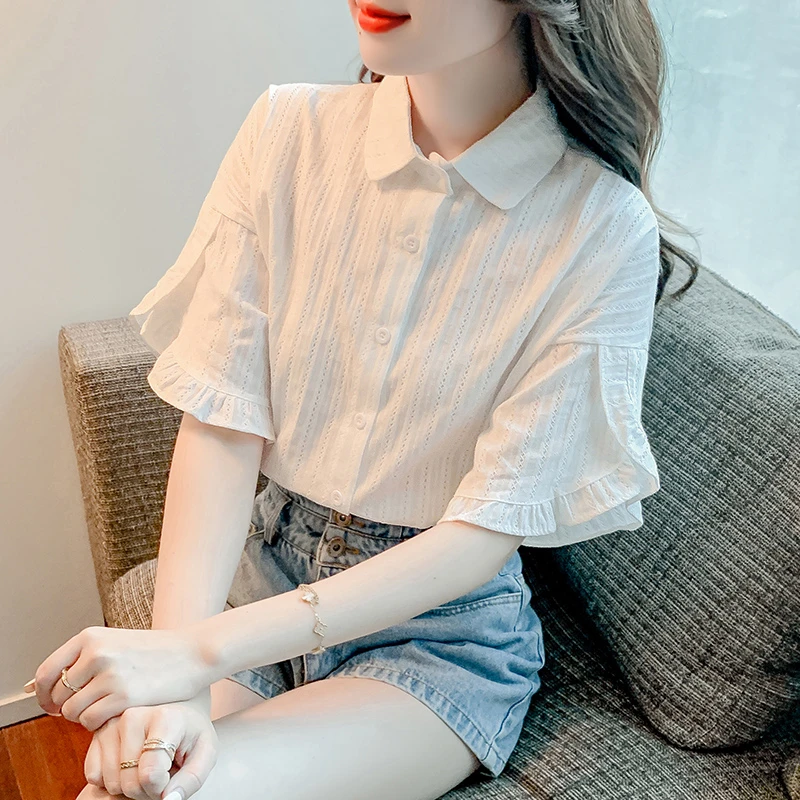 2024年夏季女装新款时尚荷叶袖棉衬衫女洋气减龄宽松薄款短袖衬衣