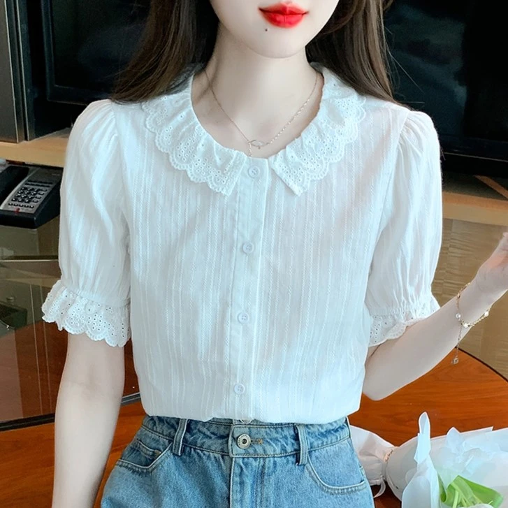 2025年夏季新款轻奢高级感娃娃领棉布衬衫女洋气减龄薄款短袖上衣