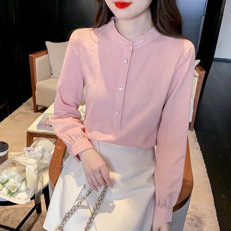 春秋季2025年女装新款时尚提花立领棉布女士衬衫气质显瘦长袖衬衣