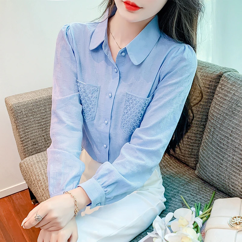 2025春秋季女装新款时尚口袋提花纯棉衬衫女气质减龄百搭长袖衬衣