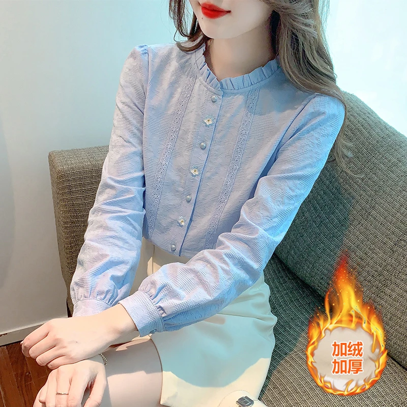 2024年秋冬装新款洋气加绒加厚刺绣純棉衬衫女时尚木耳领长袖衬衣