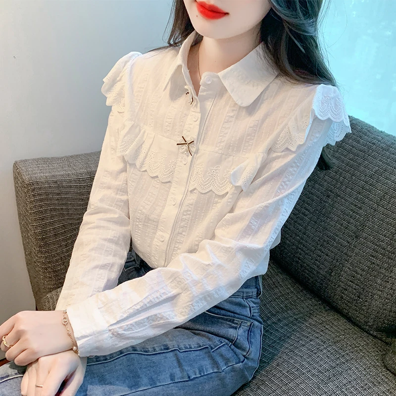 春秋季2025年女装新款花边拼接純棉衬衫女洋气减龄小香风长袖衬衣