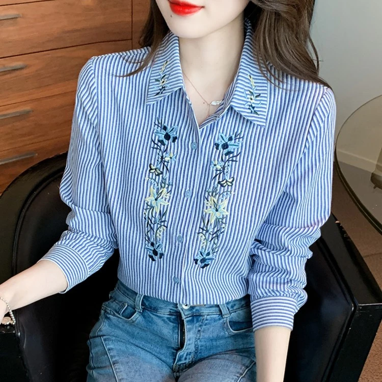 春秋季2025年女装新款气质条纹刺绣棉布女士衬衫洋气减龄长袖衬衣