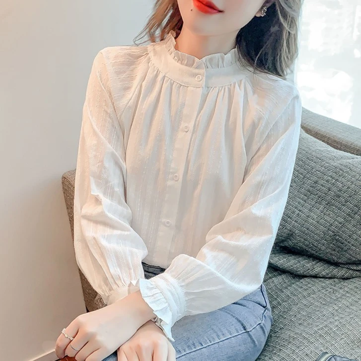 春秋装新款时尚木耳领棉布女士衬衫2025年洋气减龄白色长袖打底衫