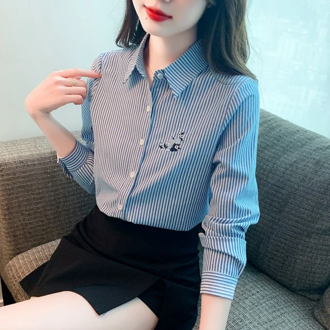 春秋季2025年女装新款洋气刺绣条纹女士衬衫气质减龄休闲长袖衬衣