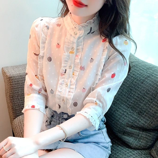 2025年夏季女装新款时尚立领雪纺女士衬衫洋气减龄薄款五分袖上衣