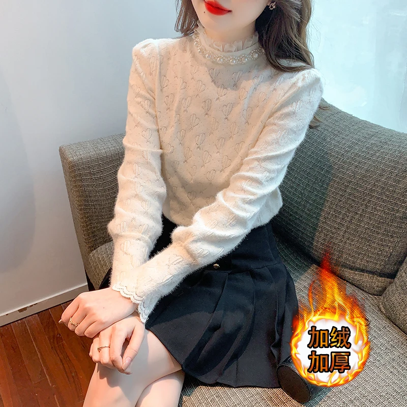 秋冬季2024年新款时尚法式百搭加绒蕾丝打底衫女气质减龄长袖小衫