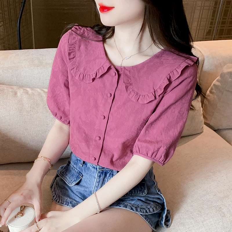 夏季女装新款时尚娃娃领純棉女士衬衫2025年洋气减龄薄款短袖上衣