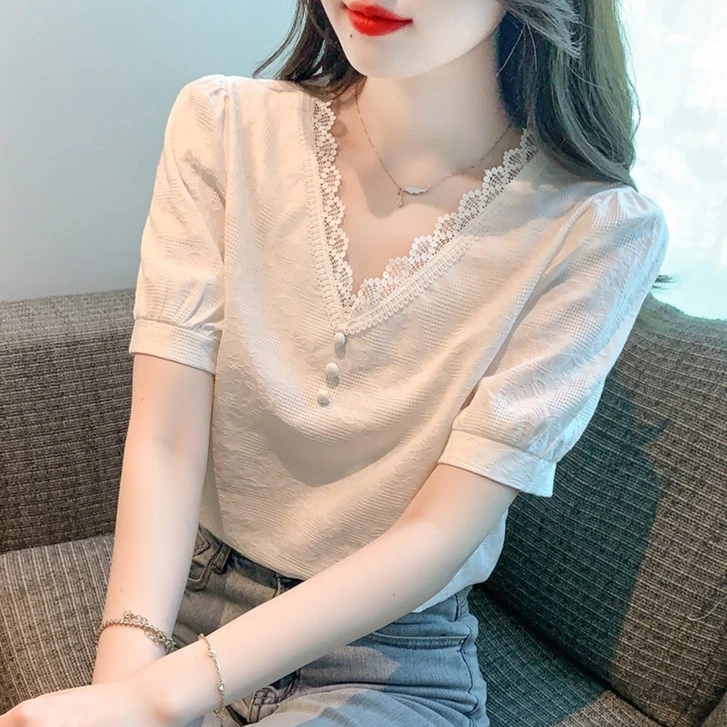 夏季女装新款气质V领设计棉布衬衫女2025年洋气减龄百搭短袖上衣