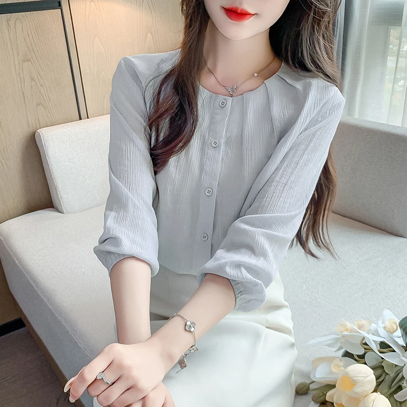 2025春秋季新款时尚优雅设计宽松女士衬衫洋气减龄薄款九分袖上衣