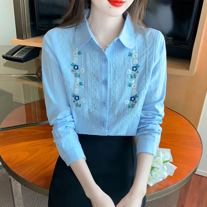 春秋季2025年新款气质小清新设计纯棉衬衫女洋气减龄薄款长袖衬衣