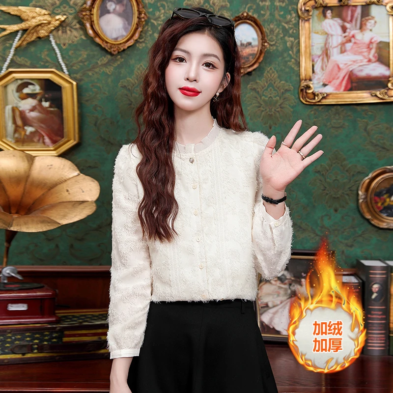 2024秋冬季新款时尚小香风加绒保暖蕾丝立领衬衫女洋气长袖打底衫