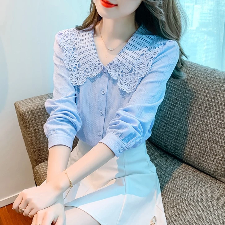 春秋季女装新款2025年时尚娃娃领純棉衬衫女洋减龄长袖女士打底衫
