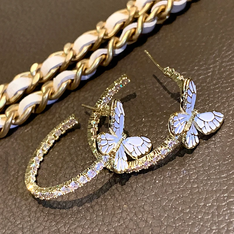 SHOWDIGU 铜合金锆石耳饰 轻奢超仙闪钻蝴蝶耳圈耳环气质个性耳钉