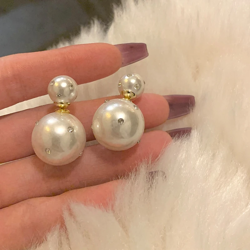 SHOWDIGU 铜合金仿珍珠耳饰 精致复古双面珠耳钉法式气质百搭耳环