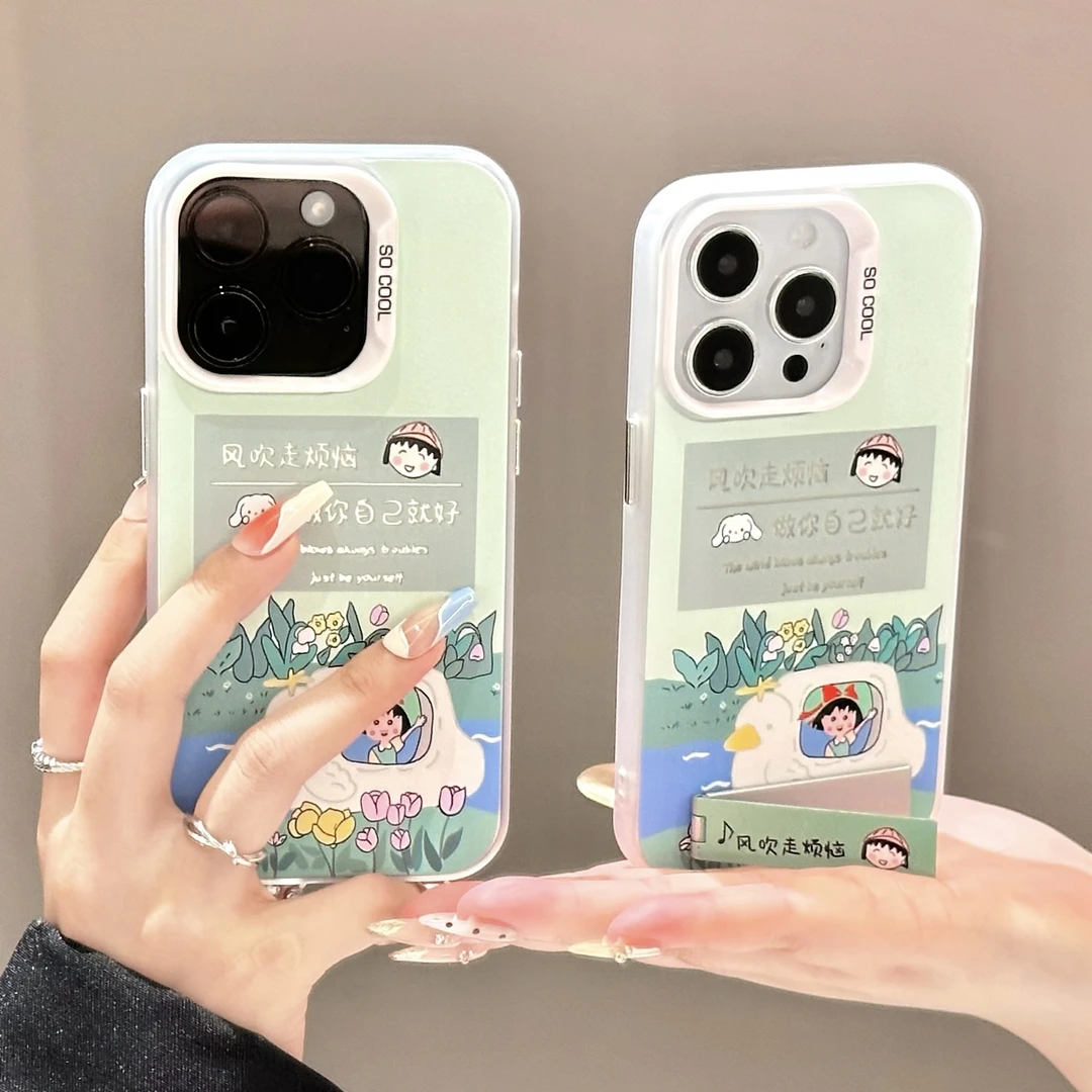 小丸子风吹走烦恼支架手机壳适用苹果15华为70荣耀vivooppo小米